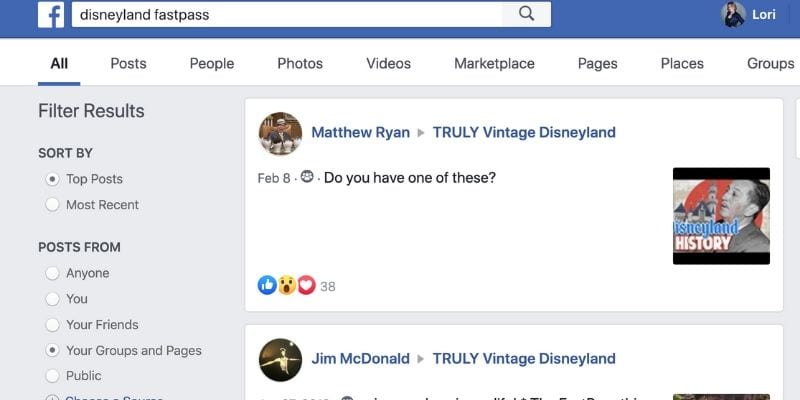 How to Search Posts on Facebook 5 You would again use the search bar to type in ‘Disneyland Fast Pass’ and then using the filter options on the left of the screen, you can select it to sort by ‘Friends and Groups’.
