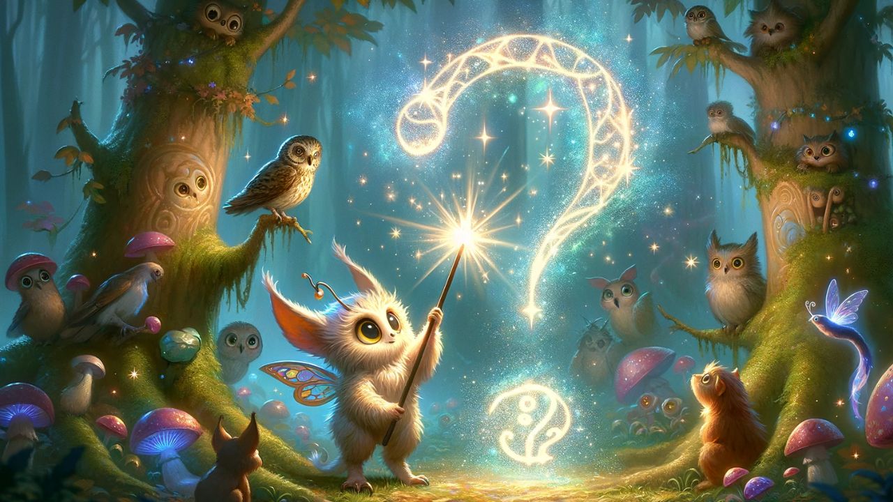 A whimsical fantasy creature that is a hybrid of an elf and an owl, holds a wand that emits twinkles of light. The creature is in the act of touching a large, luminescent question mark with the wand, causing it to burst into a shower of sparkles, revealing the mystical number "42" amidst them. This enchanting scene takes place in a magical forest where the trees have expressive faces and a variety of animals watch the spectacle with wonder. The art style is that of a fantasy illustration, aiming to capture charm and an abundance of magical elements. The digital painting should employ a soft brush technique to give the entire scene an ethereal glow, particularly accentuating the twinkling effects around the wand's magic.