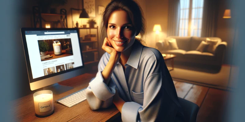 A photorealistic image of a woman in a casual shirt, comfortably seated in a cozy home office. She is smiling contentedly at the camera, with a computer on her desk displaying a candle e-commerce store. The home office is warmly lit, with comfortable furnishings and a relaxed, inviting atmosphere. The woman's expression and posture reflect a sense of contentment and ease, perfectly capturing the balance between work and comfort in a home setting. The image should resemble a high-quality photograph taken with a Canon EOS 5D Mark IV camera and a Canon EF 50mm f/1.4 USM lens.