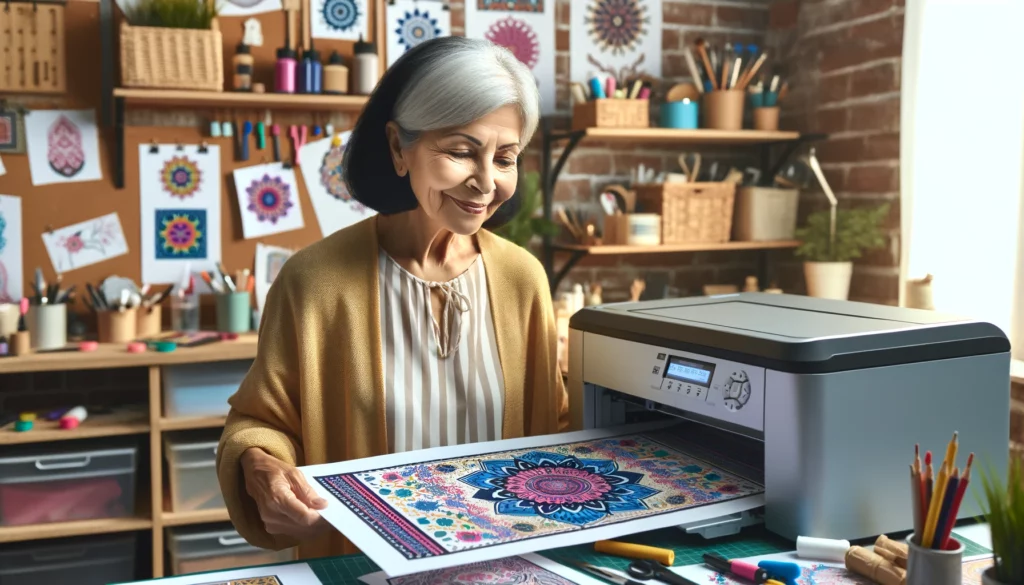 An older woman of South Asian descent is in her craft-filled room, looking contentedly at a design she just printed from an inkjet printer. The room is a hive of creativity, filled with crafting materials and tools. She stands next to the printer, holding and admiring the printed design with a look of satisfaction and contentment. Her expression reflects her happiness and pride in her work. The image should be photorealistic, capturing the joy and fulfillment of creating in her vibrant crafting space, with a focus on her content expression and the design in her hands.
