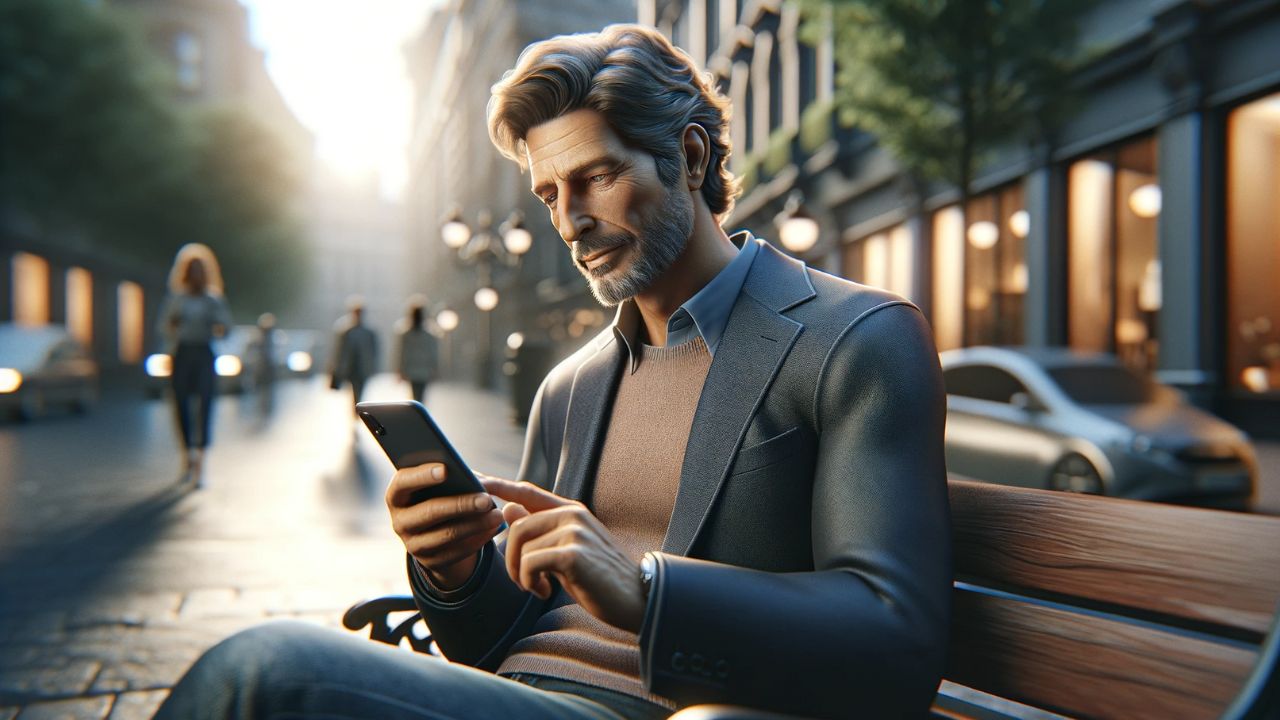 image of a mature Caucasian man receiving a text message on his smartphone. He is portrayed in a comfortable urban environment, possibly sitting on a bench in a public square or walking down a city street. He is dressed in a smart casual style, with a well-fitted blazer over a sweater, suitable for his mature age. His expression is one of focused attention as he reads the screen. The background should be a lively cityscape, with the details softly blurred to keep the focus on the man and his interaction with the phone. The lighting suggests a bright, clear day.