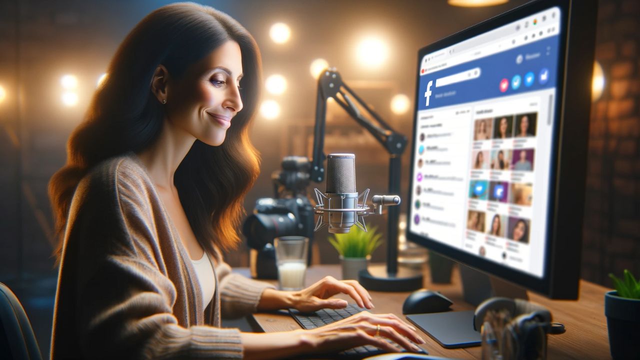 photorealistic image of a woman in a professional YouTube studio, portrayed with a serene and satisfied expression as she browses through a non-branded, generic version of a social media site that resembles Facebook. The focus is on her contented demeanor and the computer screen showing the social media platform, which is filled with colorful but indistinct social media posts