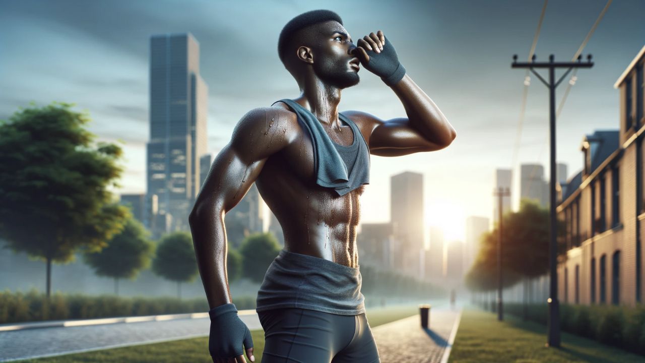 person embodying endurance, set in a 16:9 ratio. The scene captures a Black man in athletic gear, taking a brief pause during a long-distance run in an urban park. He's wiping sweat from his forehead, his expression determined and resolute, showing the physical exertion and mental strength required for such an endeavor. His posture is upright and strong, signaling a short rest before continuing his journey. The background shows a cityscape at sunrise, with the early light casting long shadows and highlighting the man's figure against the backdrop of the waking city.