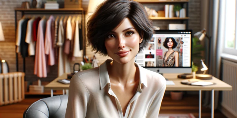 A photorealistic image of a woman with short, dark hair, sitting in her stylish home office, facing the camera while blogging about fashion. She appears engaged and professional, with a warm, inviting smile. The office is tastefully decorated with fashionable items, highlighting her interest in the fashion industry. Her large computer monitor, visible in the background, displays a colorful and sophisticated fashion blog. The scene looks like a high-quality photograph, captured with a Canon EOS 5D Mark IV camera and a Canon EF 50mm f/1.4 USM lens.