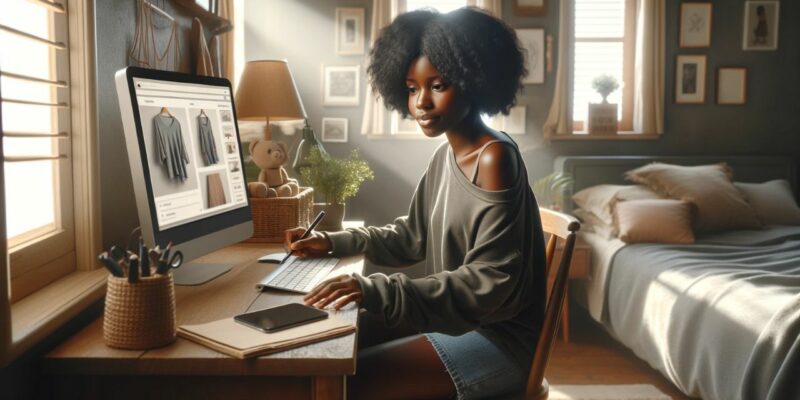 A young Black female TikTok influencer, wearing a relaxed, casual outfit, is comfortably seated at her desk in a cozy, well-decorated bedroom. She is engaged in managing her online shop, which is displayed on her computer screen, showing a user-friendly, stylish interface of her e-commerce platform. The influencer's demeanor is laid-back yet focused, embodying the casual intimacy of managing a personal business from home. The room has a warm, lived-in feel with soft, natural light streaming in, suggesting a sunny afternoon. The photorealistic image should convey a sense of approachability and the influencer's personal touch in her work environment.