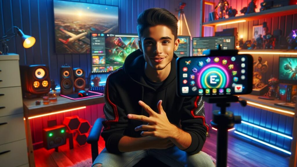 A young, enthusiastic brand ambassador of Hispanic descent is featured in his gaming-themed home studio. He's casually dressed in gamer attire, holding a smartphone that displays a colorful gaming app he's promoting, with the logo clearly visible on the screen. The studio is adorned with gaming paraphernalia, LED lights, and multiple monitors, creating an immersive environment that reflects the dynamic world of gaming. He's in the midst of an animated conversation about the app's features, with the vertical smartphone set up on a tripod to livestream his engaging review. The room is lit with a mix of natural light and the ambient glow of the gaming setup, capturing the vibrant energy of the scene.