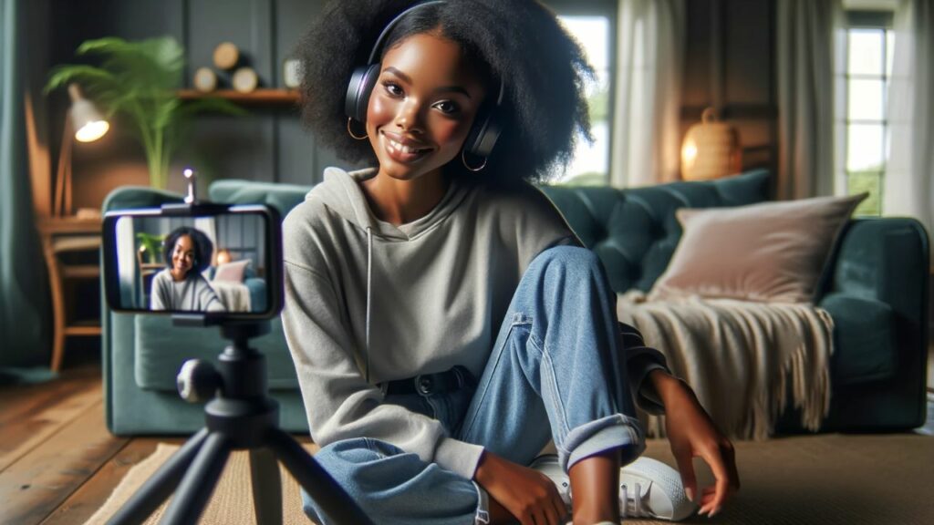 A casual young brand ambassador of Black descent is comfortably situated in her well-decorated home studio. She's holding a fashionable pair of wireless headphones with the brand's logo subtly integrated into the design, showcasing the product she's promoting. The smartphone is set up on a tripod in portrait mode, ready to capture her demonstration of the headphones' features. The studio exudes a relaxed vibe, with plush seating and plants in the background, symbolizing the easy-going nature of the brand. Soft, natural light fills the space, enhancing the product's appeal and the ambassador's inviting smile.