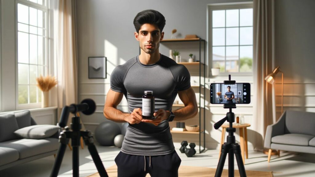 A youthful, health-conscious male brand ambassador of Middle-Eastern descent stands in his modern, well-lit home studio. He's dressed in sporty, casual wear, indicative of a healthy lifestyle brand. He's holding a bottle of health supplements, with the brand's logo clearly visible, representing the product he's endorsing. The studio reflects a clean and minimalist aesthetic, with fitness equipment like dumbbells and a yoga mat subtly placed in the background, underscoring the health and wellness theme. He's poised with an upright smartphone on a tripod, ready to discuss the benefits of the supplements on a live stream. The image should have bright, balanced lighting to create a fresh and energetic atmosphere.