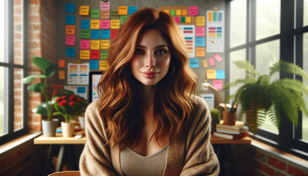 Generate a photorealistic image of a woman with long, wavy red hair, comfortably dressed in a beige cardigan, exuding a content demeanor in her home office. She is deep in the process of social media planning, evidenced by a colorful array of post-it notes adorning the wall behind her. Each post-it note represents a part of her content bucket strategy, organized neatly into categories and themes for her target audience. The office is drenched in the soft glow of natural light, enhancing the ambiance of a serene, creative workspace.