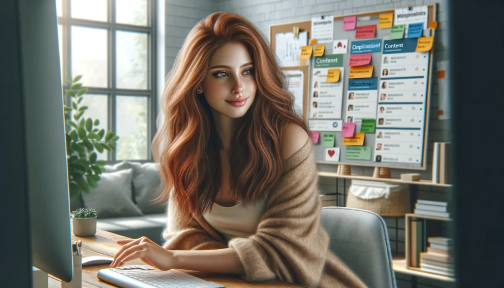 Craft a photorealistic image of a woman with long, wavy red hair, exhibiting a serene and contented expression as she sits in her modern home office. She is attentively arranging content buckets for social media on her computer, which is evident from the colorful sticky notes and a whiteboard with various content categories such as 'Inspirational', 'Educational', and 'Promotional'. Her attire is a casual, comfy beige cardigan, suggesting a relaxed yet productive atmosphere. The computer screen has a user-friendly social media planning interface, with the text intentionally blurred out. The room is filled with natural daylight, enhancing the overall feeling of a tranquil, efficient workspace.