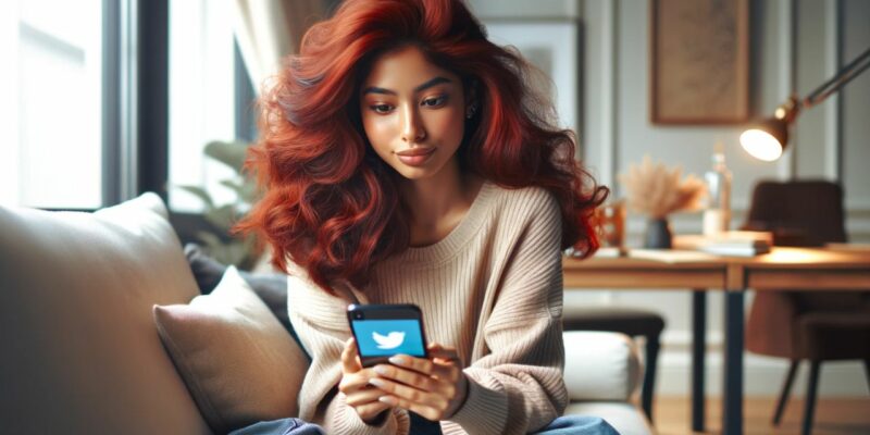 A young woman with luminous red hair of South Asian descent is comfortably lounging in her well-decorated home office. She's scrolling through Twitter on her smartphone, which is held in an upright position, with the screen facing her, displaying the distinctive Twitter interface. Her attire is casual and cozy, adding to the relaxed ambiance of the setting. The office is bathed in soft natural light, which gently illuminates her features and the surrounding space, creating a warm and inviting atmosphere for work and social media browsing.