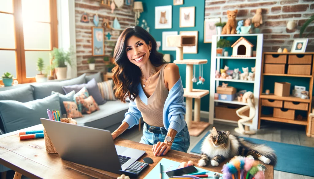 A friendly female online pet product seller of mixed descent is joyfully working at her computer in her bright and inviting home office. She's wearing a comfortable, stylish outfit and has a warm smile. The office is tastefully decorated with a pet-loving theme, including a cat tree, colorful pet toys, and a wall filled with cute animal art. The room has a vibrant yet cozy atmosphere, with a mix of cheerful colors and soft lighting. Her desk is neatly arranged with pet product catalogs and a laptop, and a happy cat is lounging on the desk, symbolizing her passion for pets and her online business.