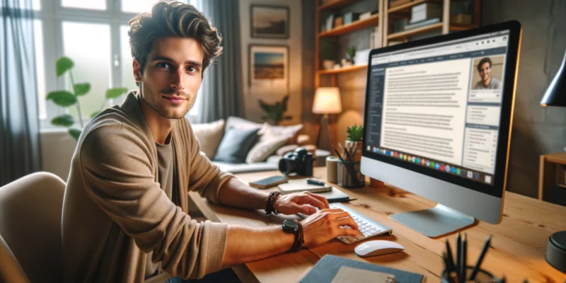 n this image, you can see the young man in his home office, deeply engaged in blogging. He looks directly at the camera, his expression a mix of confidence and approachability. The office is inviting, with warm lighting and stylish furnishings, creating the perfect setting for creative work. The computer screen shows various blogging tools and a partially written blog post, highlighting his active role in content creation.