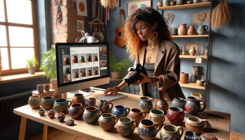 A stylish female e-commerce store owner of mixed descent is in her charming and artistic home office, selling ceramic coffee mugs on her Etsy shop. The office is creatively decorated with a collection of unique and colorful ceramic mugs, showcasing her artistic talent. She is photographing the mugs for her online store, with a DSLR camera set up and the mugs artistically arranged. Her computer is open to the Etsy website, displaying her shop's page. The atmosphere is warm and inspiring, filled with natural light and artistic decor, capturing the essence of a creative and successful Etsy business. The image should be photorealistic, emphasizing the beauty and uniqueness of the handmade ceramic coffee mugs.