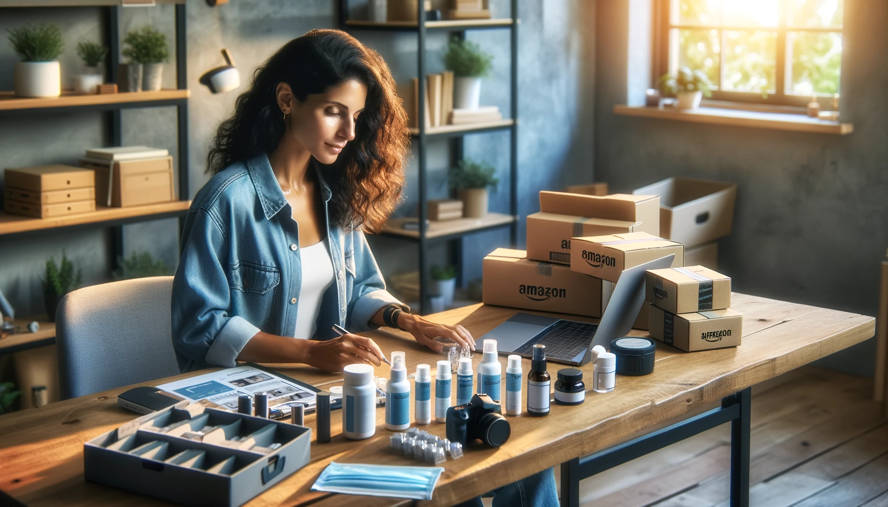 A female entrepreneur of mixed descent is in her home office, actively testing various products that she plans to sell on Amazon. She's engaged in examining and evaluating different items, showcasing a hands-on approach to her business. The office is modern and well-organized, with products laid out on the desk for assessment. The scene is lit by natural light, creating a realistic and inviting atmosphere. The photorealistic image should resemble a Canon EOS 5D Mark IV shot with a 50mm lens, with a slight overexposure for a bright and airy feel.