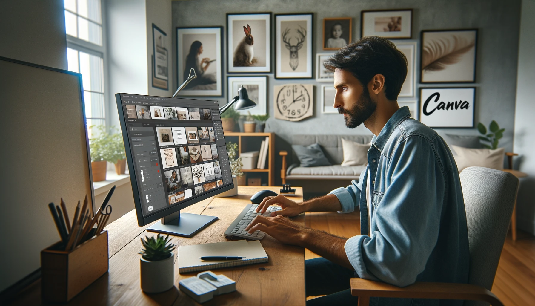 A photorealistic image of a focused individual in a cozy, well-organized home office, working on creating social post templates on a large monitor using the Canva platform. The person is actively using a keyboard. The office features inspirational art on the walls and a professional camera-like quality mimicking a Canon EOS R5 with a Canon RF 24-70mm F2.8 L IS USM lens at settings f/2.8, 1/125 sec, ISO 200. Aspect ratio: 16:9.