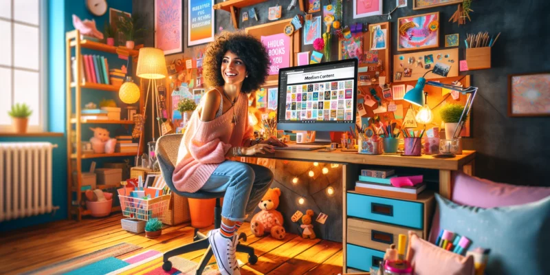 A stylish female e-commerce store owner of mixed descent is in her home office, which is vibrant and full of personality, creating medium content books to sell on Amazon. The office is colorfully decorated with fun and inspiring items, reflecting her creativity and joy in her work. She is happily engaged with her computer, where the screen shows a colorful and artistic layout of a book. The room is adorned with playful decorations like colorful posters, plants, and quirky desk accessories. The scene is brightly lit with a mix of natural and playful artificial light, creating a lively and inviting atmosphere. The image should be photorealistic, capturing the essence of a fun and dynamic home workspace.