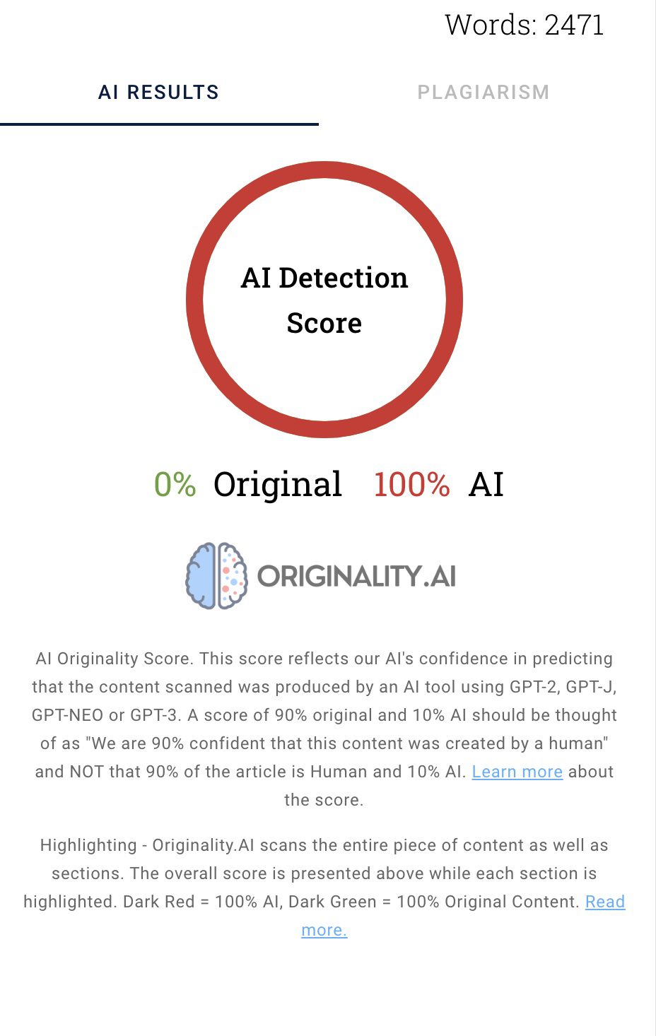 originality.ai shows 100% ai content as part of it's ai content dector tool