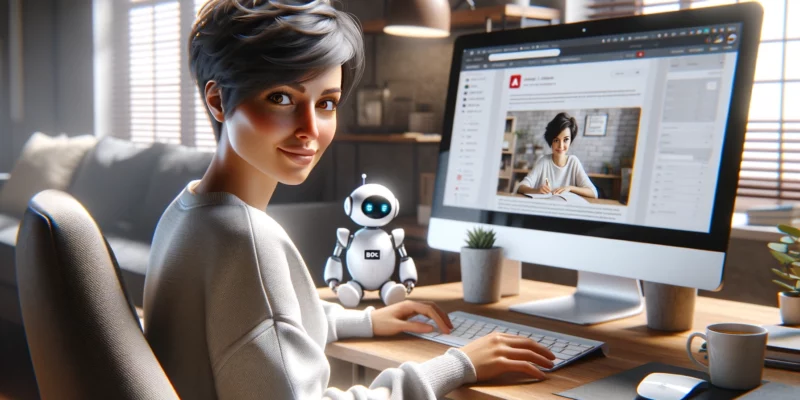 A photorealistic image of a woman with short, dark hair in a casual outfit, working on a blog in her home office. The scene includes a friendly-looking small robot on her desk, symbolizing approachable technology. The office is cozy and modern, reflecting a comfortable work-from-home atmosphere. She appears content and focused, with her computer screen showing a blogging platform. The image is like a high-quality photograph, taken with a Canon EOS 5D Mark IV camera and a Canon EF 50mm f/1.4 USM lens.