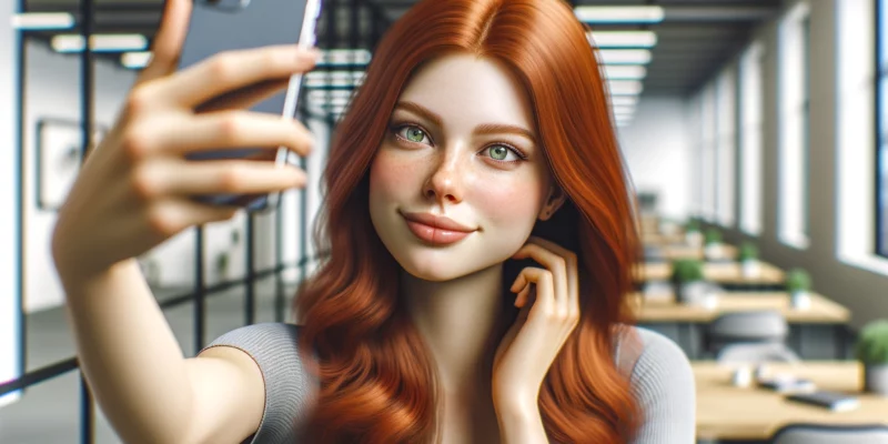 A young woman with red hair and green eyes, looking content and focused, is taking a selfie in a modern office space. She is holding her phone up to her face, capturing a moment for an Instagram Reel. Her expression is one of confidence and creativity, highlighting her skills in digital marketing and social media content creation. The scene is photorealistic, emphasizing her youthful energy and expertise in the field.