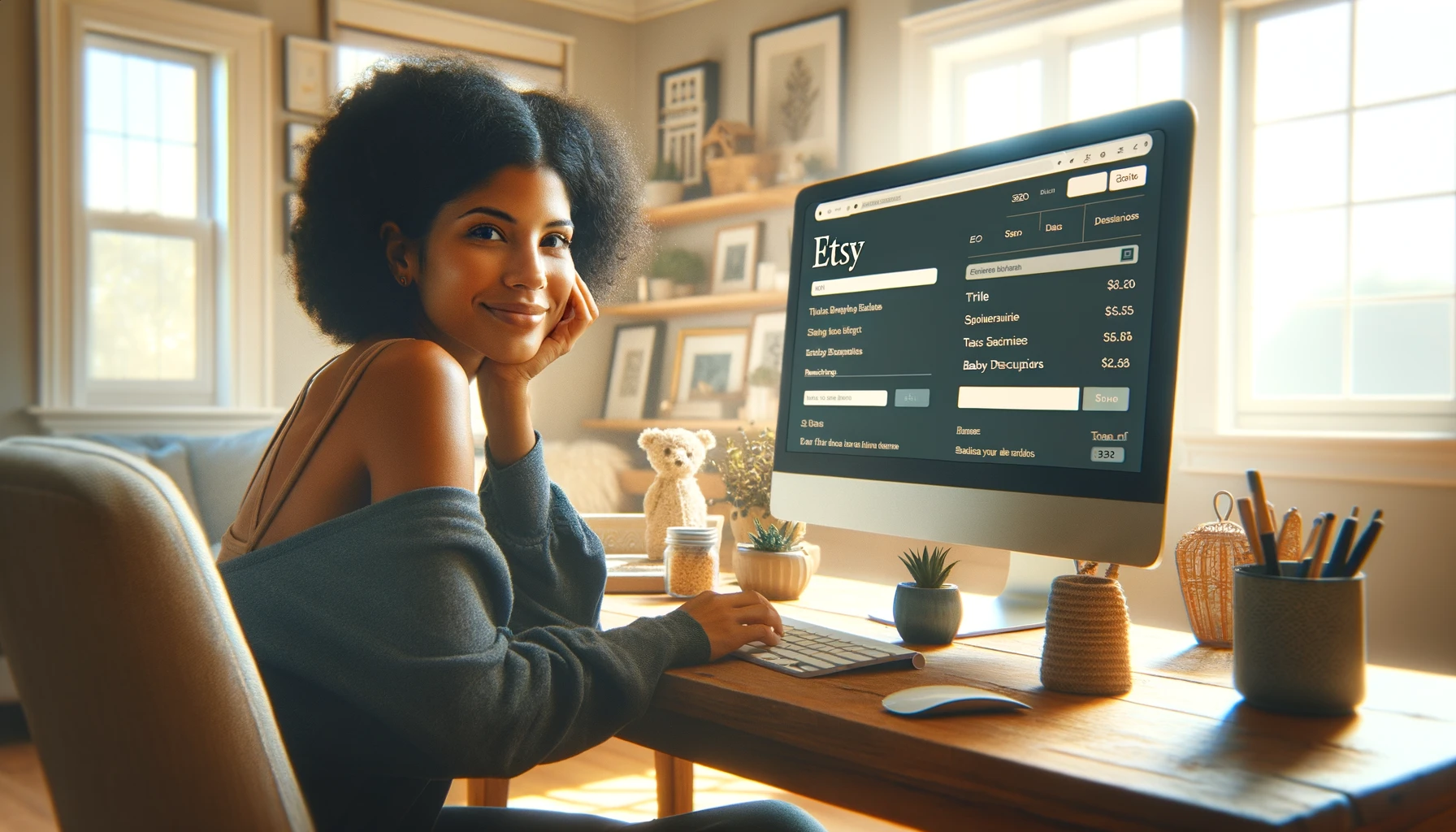 A female Etsy store owner of mixed descent is sitting slightly back from her computer screen in her home office, looking content and relaxed while working on SEO for her online store specializing in baby products. The Etsy interface on her computer screen is clearly visible, showing sections for title, tags, and descriptions. Her expression is one of satisfaction and happiness, indicating her love for her work. The home office is cozy yet professional, with stylish modern decor. The room is bathed in natural light, giving it a bright, inviting atmosphere. The image should be photorealistic, capturing the essence of a photo taken with a Canon EOS 5D Mark IV and a 50mm lens, slightly overexposed for a sunny and airy feel.
