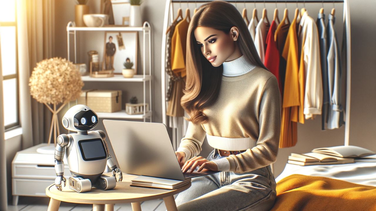 A photorealistic image of a stylish female blogger of Hispanic descent, wearing casual chic clothing, typing on her laptop. Next to her is a small, modern-designed robot assistant, interacting with her as she works. They are in a chic bedroom with a well-organized clothing rack in the background. The room is filled with natural light that suggests a sunny afternoon ambiance. There should be clean lines, and a soft, overexposed look to mimic the effect of a DSLR Canon EOS 5D Mark IV with a 50mm lens photography, capturing sharp details on the subject with a soft background.