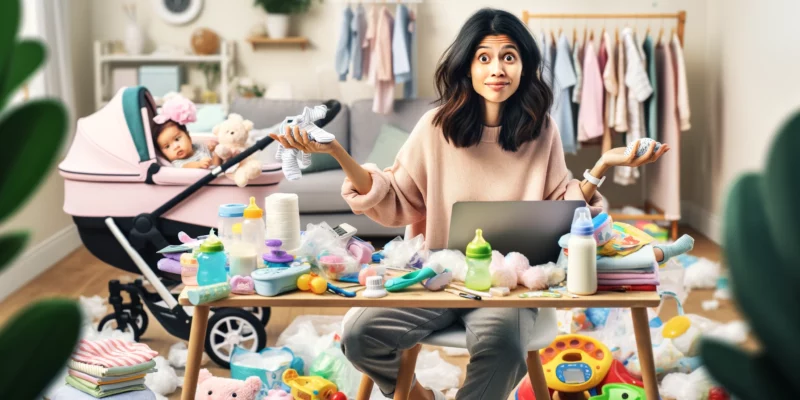A young woman of South Asian descent appears slightly frazzled while working as a mommy blogger in a living room filled with baby products. The room is cluttered with items like a baby stroller, diapers, feeding bottles, and soft toys, suggesting a busy, family-oriented environment. She's multitasking at her desk, surrounded by these items, reflecting the hectic yet fulfilling life of a mommy blogger. Her expression is one of joyful chaos, capturing the reality of parenting while managing a blog. The image should be photorealistic, highlighting the abundant baby products and her engaging, albeit slightly overwhelmed, demeanor.