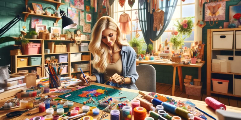 A stylish blonde female e-commerce store owner is in her vibrant home office, actively engaged in crafting for her Etsy store. The office is lively and colorfully decorated with a variety of craft materials and tools, illustrating her love for handmade products. She is intently working on a craft project, surrounded by colorful beads, fabrics, papers, and paints. Her expression is one of joy and focus as she creates a unique handmade item. The room is well-lit with natural light, adding to the cheerful and inspiring atmosphere. The image should be photorealistic, capturing the dynamic and creative energy of a craft entrepreneur's workspace.