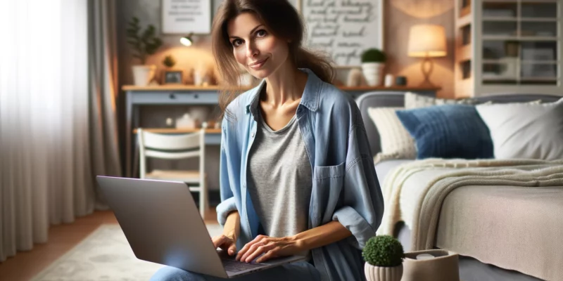 A photorealistic image of a woman at home, engaged in blogging. She's seated in a cozy, well-decorated room, with a laptop open in front of her. The woman is dressed casually and comfortably, portraying a relaxed yet focused demeanor. She looks directly at the camera with a friendly, engaging smile, as if sharing her thoughts with her audience. The room has a personal touch, with small plants and motivational quotes on the wall, creating an inspiring blogging environment. Captured with the quality of a Canon EOS 5D Mark IV camera and a Canon EF 50mm f/1.4 USM lens.