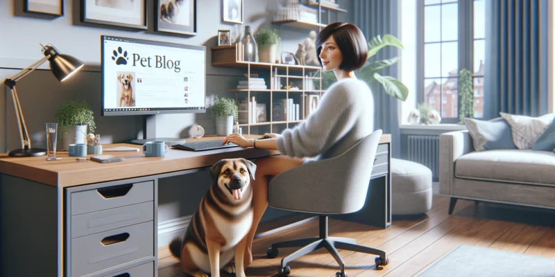 A photorealistic depiction of a woman with short, dark hair in a comfortable home office, working on a large computer on a pet blog. A friendly dog is sitting beside her, enhancing the cozy, pet-loving atmosphere. The office is stylish and homely, with a spacious desk holding the large computer, suggesting a professional yet comfortable blogging setup. She looks content and absorbed in her work, with pet accessories subtly visible in the room. The scene is captured like a high-quality photograph, using a Canon EOS 5D Mark IV camera and a Canon EF 50mm f/1.4 USM lens.