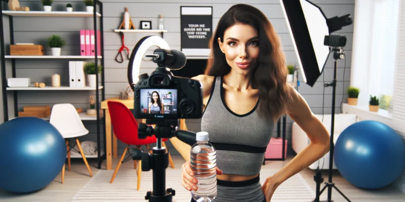A photorealistic image of a woman in a home YouTube studio, confidently looking at the camera, holding a water bottle as if she's about to start a fitness session. She's dressed in athletic gear, radiating energy and enthusiasm. The studio is well-equipped with modern recording equipment like a high-quality camera, ring light, and microphone, reflecting a professional content creation space. The background is neatly organized with fitness props and motivational posters, enhancing the workout theme. Camera: Canon EOS 5D Mark IV. Lens: Canon EF 50mm f/1.4 USM.