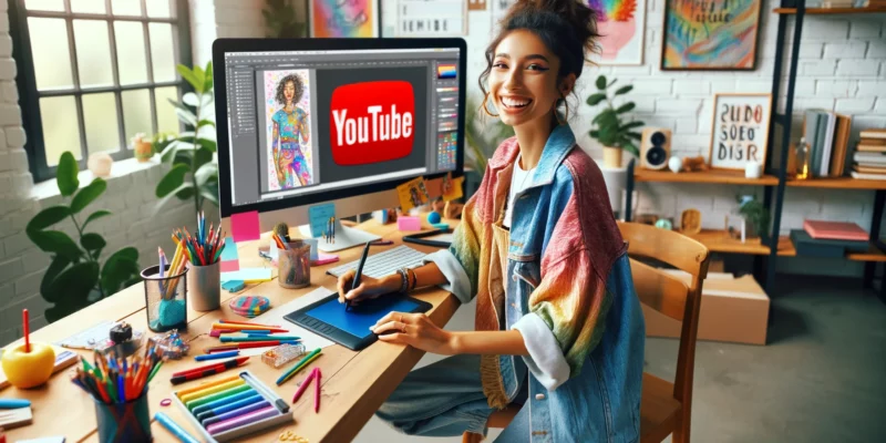 A creative and enthusiastic female graphic designer of mixed descent is working on designing a YouTube banner for a channel. She's wearing a casual, colorful outfit, reflecting her fun and artistic personality. Her workspace is vibrant and lively, filled with design tools, a graphics tablet, and a computer screen displaying the YouTube banner design in progress. The room is brightly lit with natural light, and the walls are adorned with inspiring art and motivational quotes. There's a sense of joy and creativity in the air, with colorful stationery and design books scattered around, showcasing her passion for graphic design and YouTube content creation.