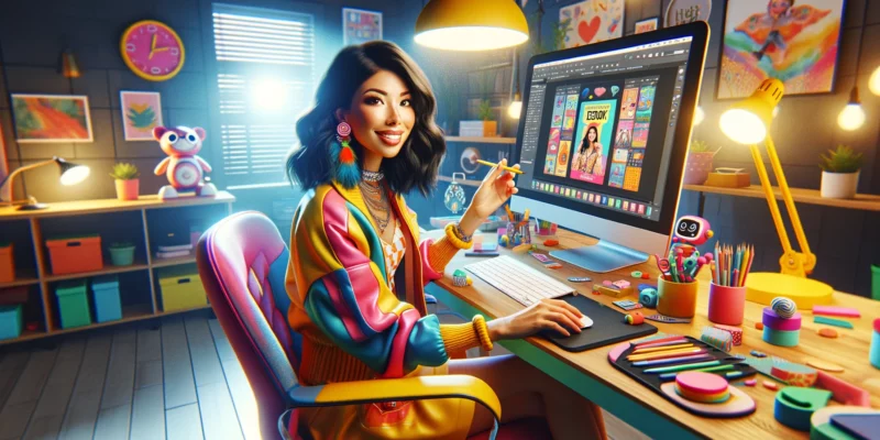 A stylish female e-commerce store owner of mixed descent is in her home office, creating an eBook on her computer. The office is designed to be fun and vibrant, reflecting her energetic and creative personality. She is dressed in colorful, playful attire, with a bright and cheerful expression. The computer screen shows the eBook creation software with a bold and imaginative eBook cover. The office is decorated with fun and whimsical elements like colorful art, amusing gadgets, and playful decor. A small, friendly robot or a whimsical pet could be sitting on the desk, adding to the fun atmosphere. The lighting is bright and lively, emphasizing a dynamic and enjoyable workspace. The scene captures the essence of a fun-loving, creative professional at work in a photorealistic style.