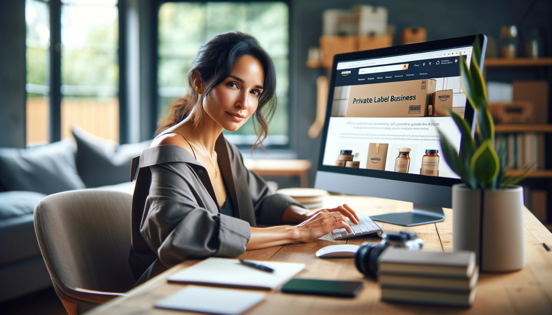 A female entrepreneur of mixed descent is seated at her computer in a modern home office, actively working on starting a private label business on Amazon. She has a focused and determined expression, indicative of her entrepreneurial spirit and dedication. The office is equipped with a stylish, contemporary setup, including a large monitor displaying the Amazon website and notes related to private label business. Natural light enhances the photorealistic quality of the scene, which emulates a shot taken with a Canon EOS 5D Mark IV and a 50mm lens, slightly overexposed for a bright and airy feel.