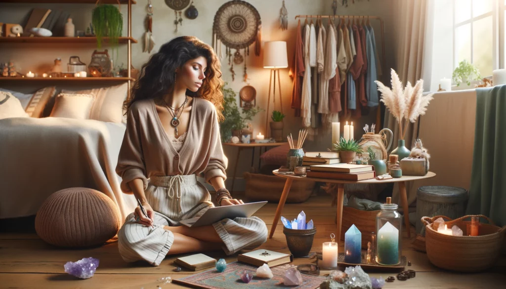 A stylish female e-commerce store owner of mixed descent is depicted as a spiritual blogger in a serene and inspirational setting. She is dressed in comfortable, bohemian-style clothing, surrounded by elements that reflect her spiritual journey, such as crystals, incense, and inspirational books. The room is decorated with soothing colors, plants, and soft lighting, creating a peaceful and meditative atmosphere. She is sitting in a relaxed pose, writing in a journal or typing on a laptop, with a look of contemplation and tranquility. The image should be photorealistic, capturing the essence of a calm and soulful spiritual blogging space.