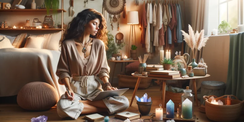 A stylish female e-commerce store owner of mixed descent is depicted as a spiritual blogger in a serene and inspirational setting. She is dressed in comfortable, bohemian-style clothing, surrounded by elements that reflect her spiritual journey, such as crystals, incense, and inspirational books. The room is decorated with soothing colors, plants, and soft lighting, creating a peaceful and meditative atmosphere. She is sitting in a relaxed pose, writing in a journal or typing on a laptop, with a look of contemplation and tranquility. The image should be photorealistic, capturing the essence of a calm and soulful spiritual blogging space.