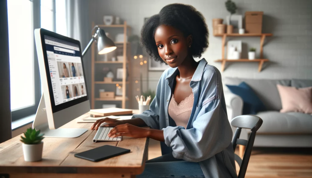 A photorealistic image of a young Black woman dressed casually, sitting at her desk in a cozy home office. She looks content and focused, working on her computer with an e-commerce store displayed on the screen. The office is comfortably furnished, reflecting a relaxed, modern work-from-home atmosphere. The image should capture the essence of a dedicated entrepreneur managing her online business, and should resemble a high-quality photograph taken with a Canon EOS 5D Mark IV camera and a Canon EF 50mm f/1.4 USM lens.