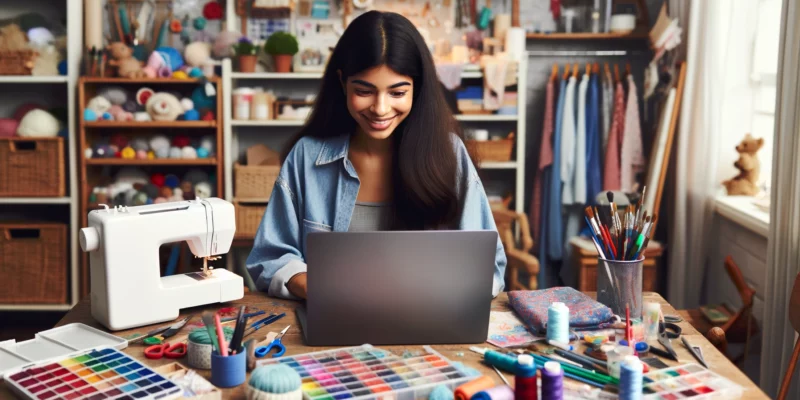A young woman of South Asian descent is sitting in a craft-filled room, engaged in online shopping on her laptop. The room is filled with various crafting materials and tools, such as fabrics, paints, brushes, and a sewing machine, reflecting her passion for crafts. She appears focused and joyful, browsing through an online store. The room is well-lit and colorful, with shelves and tables covered in craft supplies. The image should be photorealistic, capturing the vibrant atmosphere of a crafter's haven, with a focus on her expression of enjoyment and the details of her creative workspace.