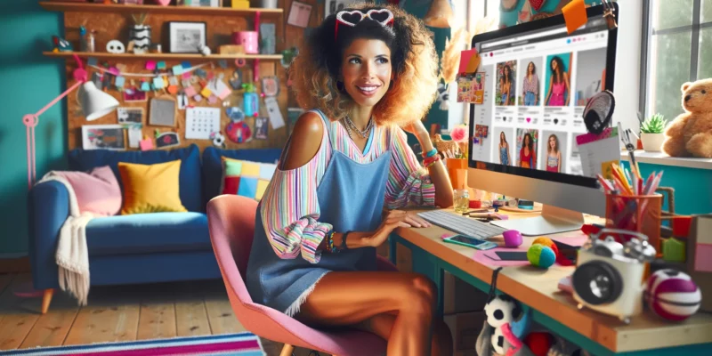 A stylish female e-commerce store owner of mixed descent is in her home office, which is vibrant and full of personality, creating a fun and engaging atmosphere. She is dressed in playful, casual attire and is smiling as she looks at her computer screen, displaying her colorful and lively e-commerce store. The office is decorated with fun and inspiring items like quirky art, bright colors, and unique decorations. She is seated in a comfortable, yet unconventional chair, perhaps with a playful pet beside her. The room is brightly lit with a mix of natural and playful artificial light, creating a lively and inviting atmosphere. The image should be photorealistic, capturing the essence of a fun and dynamic home workspace.