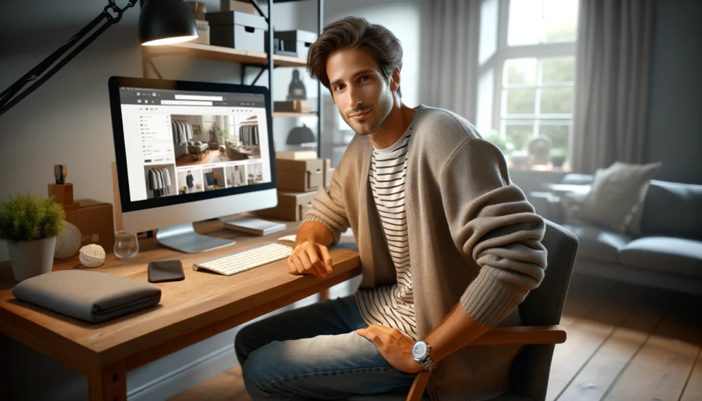 The Best Dropshipping Software - Find the Perfect Tool for Your Business 2 A photorealistic image of a young, average-looking man dressed casually, sitting at his desk in a cozy home office. He looks content and focused, working on his computer with an e-commerce store displayed on the screen. The office is comfortably furnished, reflecting a relaxed, modern work-from-home atmosphere. The image should capture the essence of a dedicated entrepreneur managing his online business, and should resemble a high-quality photograph taken with a Canon EOS 5D Mark IV camera and a Canon EF 50mm f/1.4 USM lens.