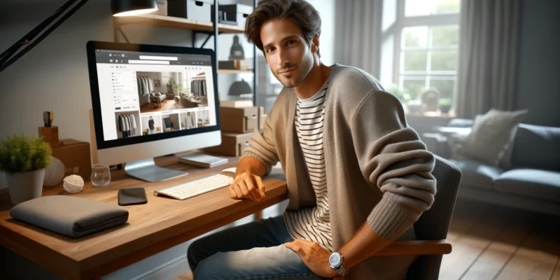 A photorealistic image of a young, average-looking man dressed casually, sitting at his desk in a cozy home office. He looks content and focused, working on his computer with an e-commerce store displayed on the screen. The office is comfortably furnished, reflecting a relaxed, modern work-from-home atmosphere. The image should capture the essence of a dedicated entrepreneur managing his online business, and should resemble a high-quality photograph taken with a Canon EOS 5D Mark IV camera and a Canon EF 50mm f/1.4 USM lens.
