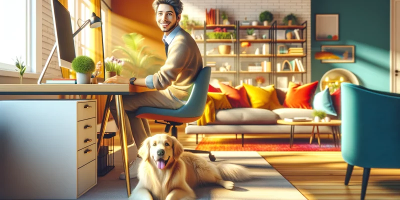 A highly photorealistic image of a person in a bright and cheerful home office, surrounded by vibrant, inviting furniture. They are seated at their computer, turning to look directly at the camera with a relaxed and happy expression. A fluffy golden retriever lies contentedly at their feet. The person is dressed in casual yet neat attire, harmonizing with the lively and positive environment of the home office. The room is illuminated with warm, natural light, emphasizing the sense of comfort and joy. The scene should capture the realism and detail akin to a photograph taken with a Canon EOS 5D Mark IV camera and a Canon EF 50mm f/1.4 USM lens.