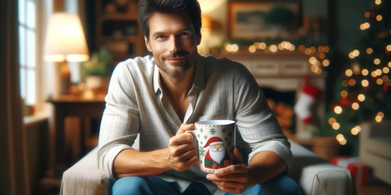 A photorealistic image of a man in a casual, plain shirt, comfortably seated in his living room. He is holding a large, printed holiday-themed coffee mug. The focus is on his face, showing a relaxed and content expression. The living room is cozy and warmly decorated, creating a festive and homely atmosphere. The man's attire is simple and comfortable, perfect for a relaxed day at home. The image should capture a cheerful and festive holiday moment, resembling a high-quality photograph taken with a Canon EOS 5D Mark IV camera and a Canon EF 50mm f/1.4 USM lens.