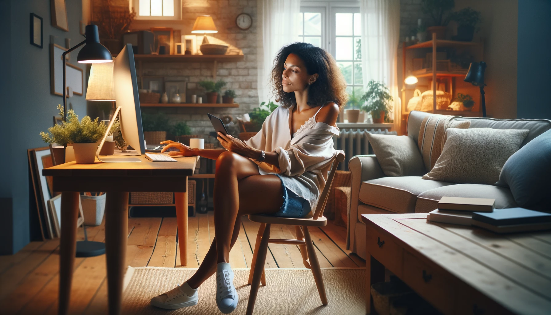 A female entrepreneur of mixed descent is casually seated at her computer in a cozy corner of her home, engaged in sourcing products to sell on Amazon. Her attire and posture are relaxed, embodying a more casual approach to her work. The room is warmly lit, with comfortable furnishings and personal touches that create a homely atmosphere. The scene captures the essence of a laid-back, yet productive work environment. The image should be photorealistic, reminiscent of a Canon EOS 5D Mark IV shot with a 50mm lens, maintaining a bright and welcoming ambiance with slight overexposure.
