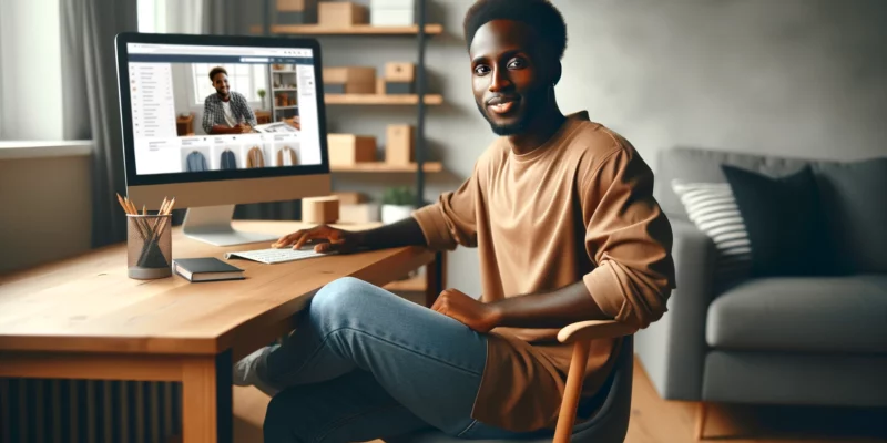 A photorealistic image of a young Black man dressed casually, sitting at his desk in a cozy home office. He looks content and focused, working on his computer with an e-commerce store displayed on the screen. The office is comfortably furnished, reflecting a relaxed, modern work-from-home atmosphere. The image should capture the essence of a dedicated entrepreneur managing his online business, and should resemble a high-quality photograph taken with a Canon EOS 5D Mark IV camera and a Canon EF 50mm f/1.4 USM lens.