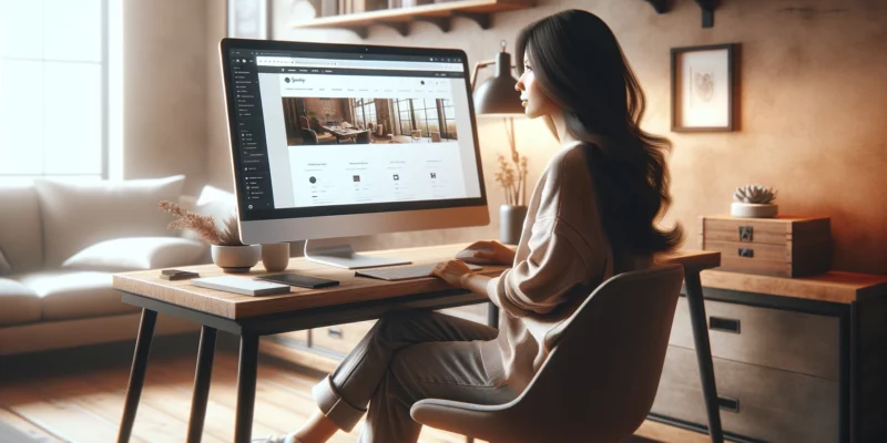 A photorealistic image of a woman sitting in front of a computer in a cozy home office, working on an e-commerce store like Shopify. She is dressed casually, exuding a relaxed yet focused demeanor. The computer screen prominently displays the interface of an e-commerce platform, with design elements and product listings visible. The room is warmly lit, creating an inviting workspace, and includes comfortable, stylish furnishings that reflect a personal touch. Camera: Canon EOS 5D Mark IV. Lens: Canon EF 50mm f/1.4 USM.