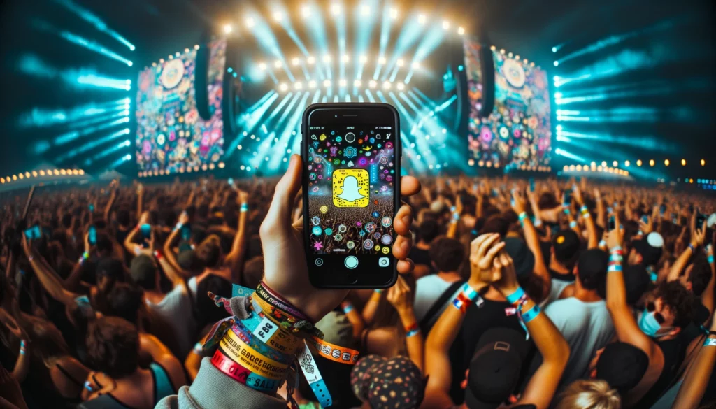 Photo that dives into the heart of a music festival. The primary focus is a smartphone screen, viewed over-the-shoulder, which displays Snapchat and a detailed geofilter.