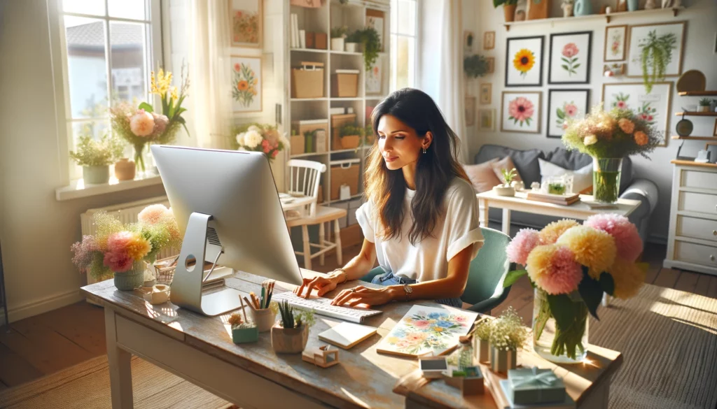 A relaxed and focused female e-commerce store owner of mixed descent is blogging in her home office, with a spring theme. She is sitting comfortably at her desk, typing on her computer, surrounded by bright and fresh spring decor. The room is filled with light, vibrant colors, and floral motifs, including fresh flowers in vases and botanical prints on the walls. The windows are open, letting in a gentle breeze and natural light, enhancing the feeling of a fresh, new beginning typical of spring. The atmosphere is calm and productive, perfect for a home-based blogging environment.