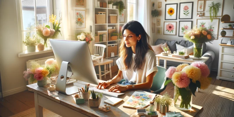 A relaxed and focused female e-commerce store owner of mixed descent is blogging in her home office, with a spring theme. She is sitting comfortably at her desk, typing on her computer, surrounded by bright and fresh spring decor. The room is filled with light, vibrant colors, and floral motifs, including fresh flowers in vases and botanical prints on the walls. The windows are open, letting in a gentle breeze and natural light, enhancing the feeling of a fresh, new beginning typical of spring. The atmosphere is calm and productive, perfect for a home-based blogging environment.