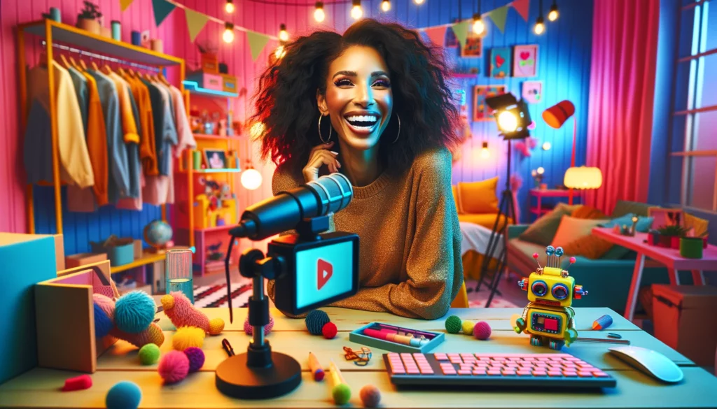 A stylish female e-commerce store owner of mixed descent is in a vibrant and fun YouTube studio setting, sitting near a computer. The studio is colorful and lively, with playful decorations and creative lighting, creating an environment that's both professional and whimsical. She is laughing and looking towards the camera with an energetic and joyful expression. On the desk, there is a small, whimsical robot with bright colors, adding a quirky and tech-savvy touch to the scene. The room is well-lit with a mix of colorful studio lights and natural light, emphasizing a dynamic and fun YouTube workspace. The image should be photorealistic with clean lines, vibrant colors, and a sense of playfulness, capturing the essence of a lively content creation space.